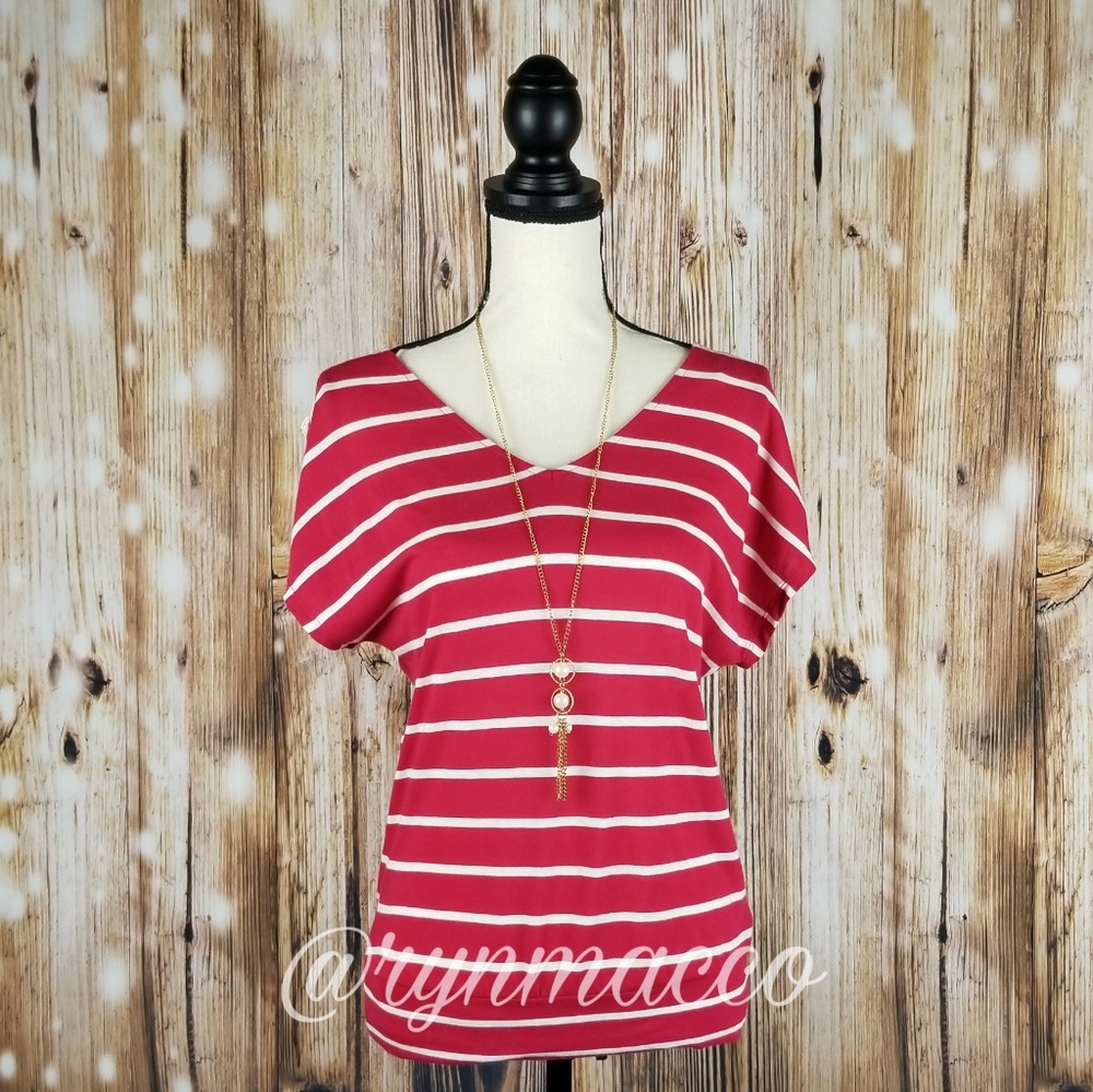 Express | Red & White Striped V-neck Blouse